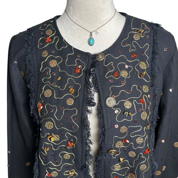 Indigo Moon Linen Embellished Metallic Fringe Jacket M | Artsy Bohemian Funky - Picture 4 of 7